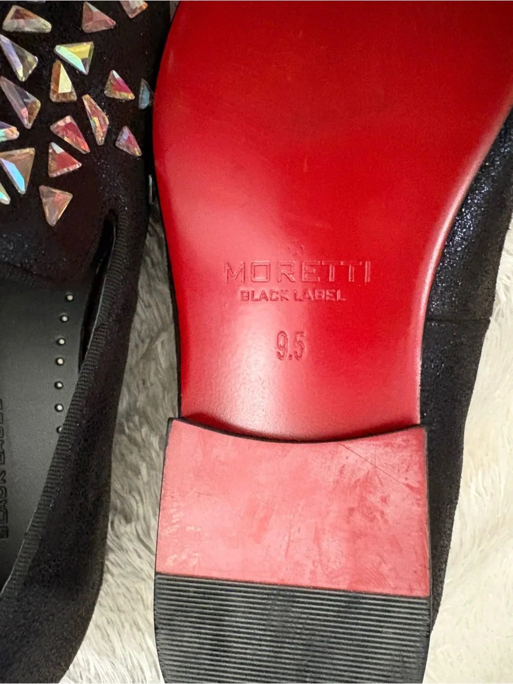 Moretti Black Label loafers featuring black studded iridescent accents size 9.5